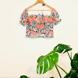 Forever21 White Tropical Floral Colorful Mesh Top